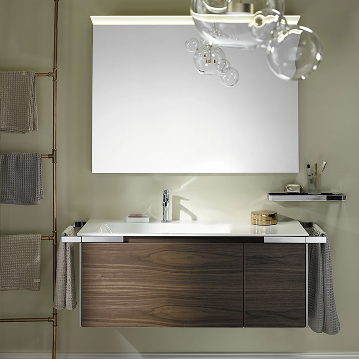 Комплект мебели BurgBad Yso 1280х490х452 мм с зеркалом с LED подсветкой, серый глянец/коньячный орех (SFAC111 L K0495 F2155 C0001_1) - Фото 1